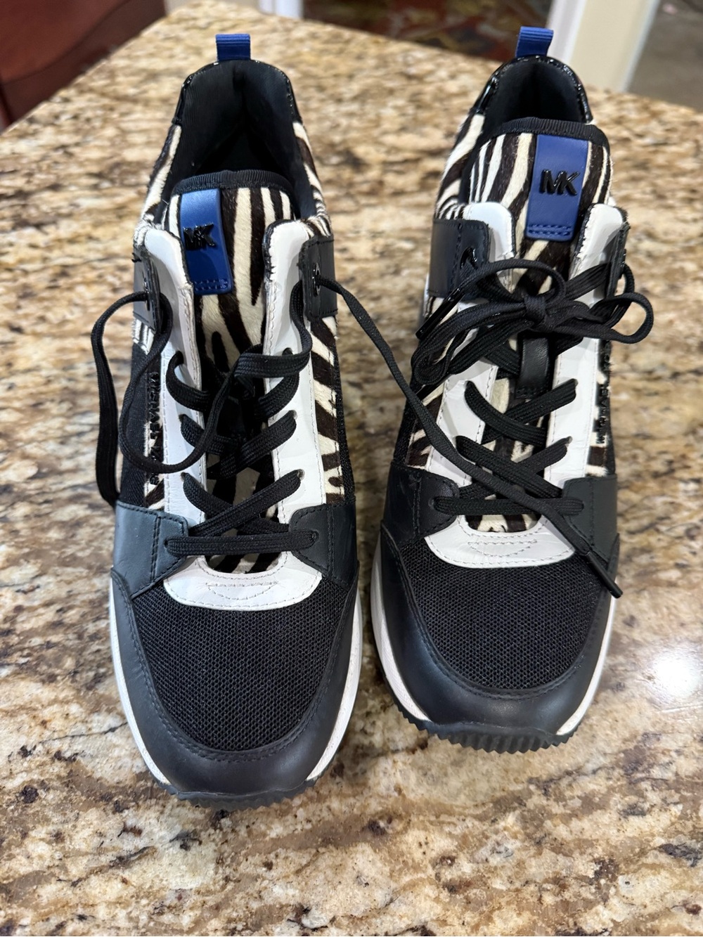 Michael Kors Black White Zebra-Print Lace-Up Sneakers with Blue Accents